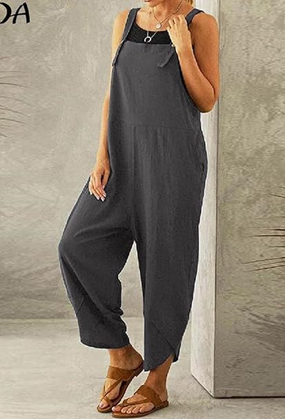 Linke Overalls for Women Casual Loose Dungarees Soft Cotton Linen Baggy Jumpsuit Adjustable Straps with Pockets, 3XL, Grey