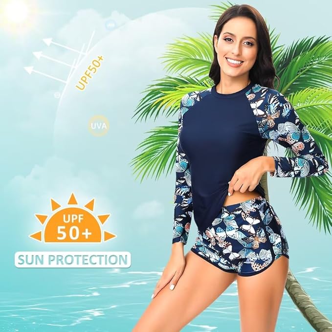 Sillictor Rash Vest Women Swimming Tops UV Womens Swim Shorts and Top Set Ladies 2 Piece Long Sleeve Swimsuits for Women Rash Guard Shirts with Build in Bra for Surfing,Quick Dry 2304