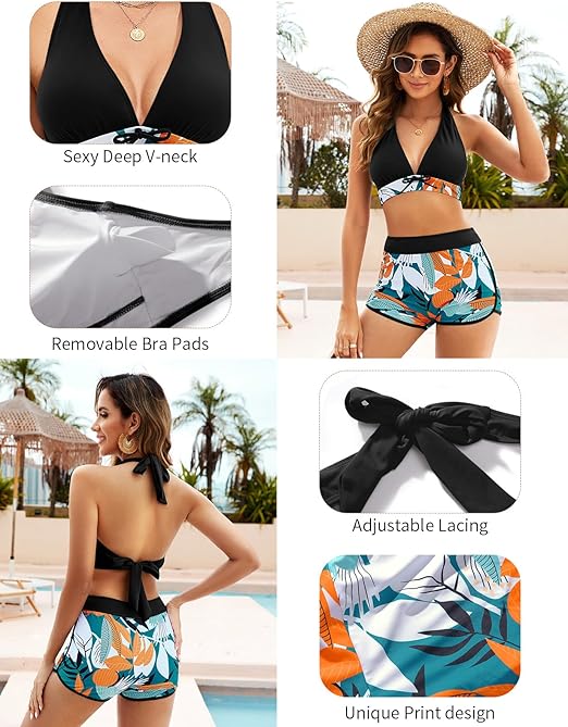 Tuopuda Women Two Piece Bikini Sets Deep V Neck Halter Top with High Waist Boyshorts Floral Print Swimsuit Plus Size Swimwear Bathing Suit