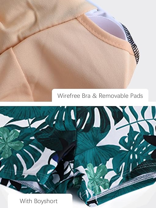 ECUPPER Womens One Piece Swimsuit Tummy Control Skirted Swimwear Floral Swimming Costume with Shorts Green Leaf, XXL