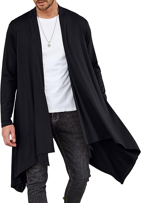 COOFANDY Men's Ruffle Shawl Collar Cardigan Long Sleeve Open Front Lightweight Long Length Drape Cape Overcoat with Pockets, Black-Long, XL