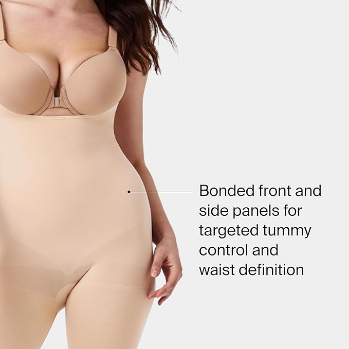 SPANX Women's Power Open-Bust Mid-Thigh Bodysuit Shapewear, Soft Nude, 2X