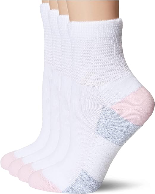 MediPeds Women's Diabetic Quarter Socks with Nanoglide, 4 Pack Casual, White with Pink, 3-8 (Pack of 4)