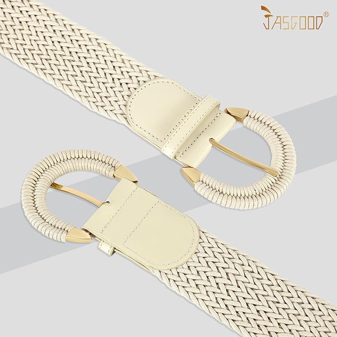 JASGOOD Women Braided Rattan Wide Belt Woven Waist Belt With Half-Circle Buckle for Summer Dress Jeans Pants Beige S:Fit Waist Size 120cm
