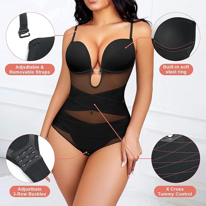 Junlan Bodysuit Shapewear for Women Tummy Control Backless Body Shaper U Plunge Built-in Bra Fajas Waist Trainer Corset (Black,S)