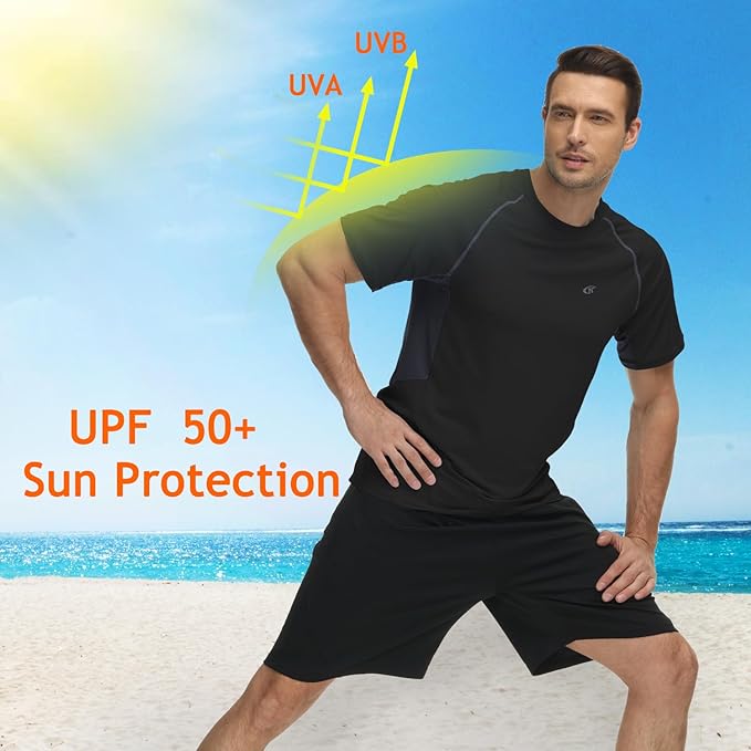 Huayuzh Mens Swim Shirts Short Sleeve Rash Guards Rashguard UPF 50+ Quick Drying T-Shirts Surfing Pool Beach Sports Top Black 2XL