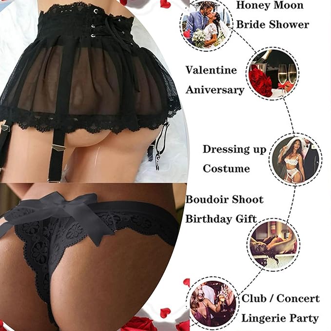 ROSVAJFY Women's Sexy Suspender Mini Skirt with Panties, Sheer Mesh Lace-up Mini Dress Lingerie Underwear Garter Belt with 4 Clips, 2 Pieces High Waisted Mini Skirt + Lace Thong (Black)