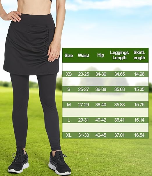 Westkun Women's Leggings with Skirt Ankle Length Running Trousers Tennis Skirt with Pockets Yoga Sports Soft Skirt Trousers Tennis Clothing 2-in-1, Black-Ruched, L