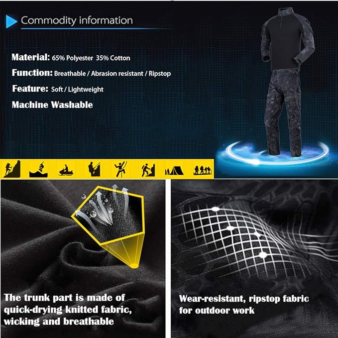 YUSHOW Mens Tactical Gear Shirts Ripstop Combat Trousers Suit Long Sleeve Airsoft BDU Uniform for Military Hunting Paintball