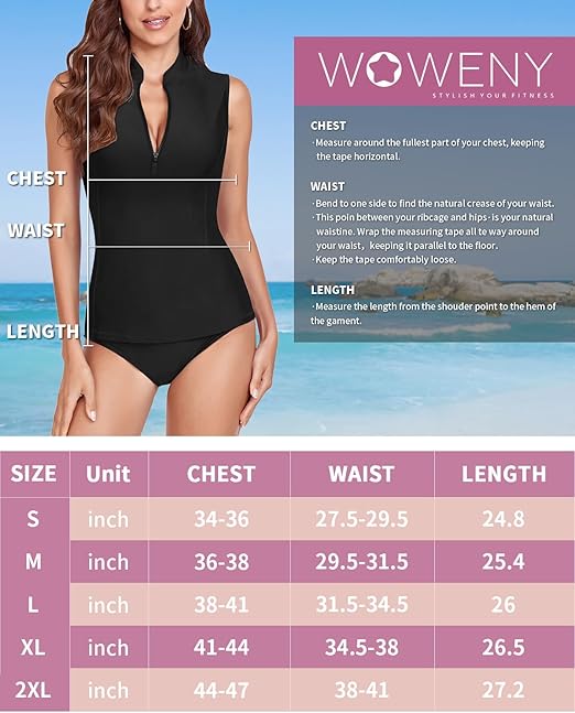 WOWENY Women's Sleeveless Rash Guard Tankini with 1/4 Zip, BL, L
