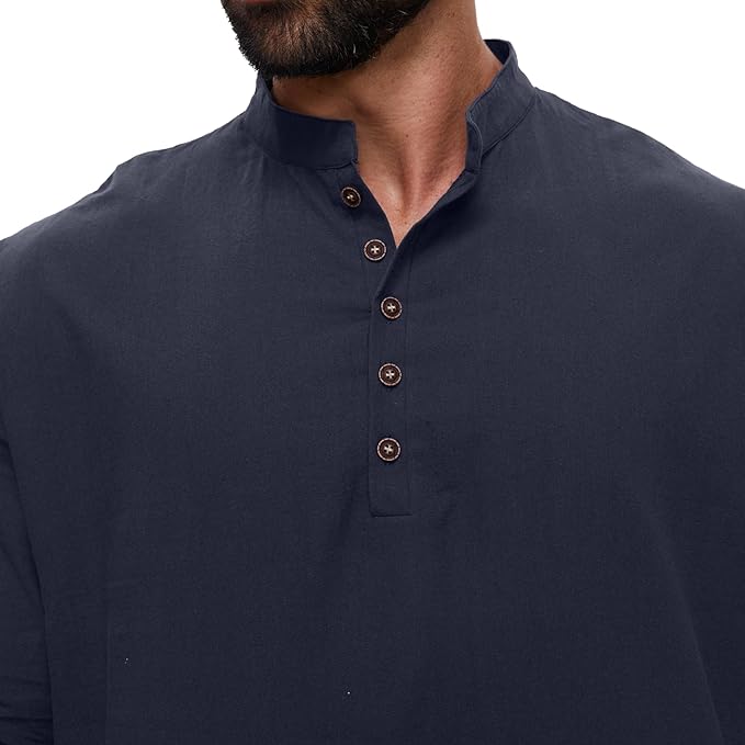 YAOHUOLE Mens Kaftan Robe Abaya Caftan Long Sleeve Moroccan Thobe Causal Butto Down Long Gown Henly Neck Dark Blue L