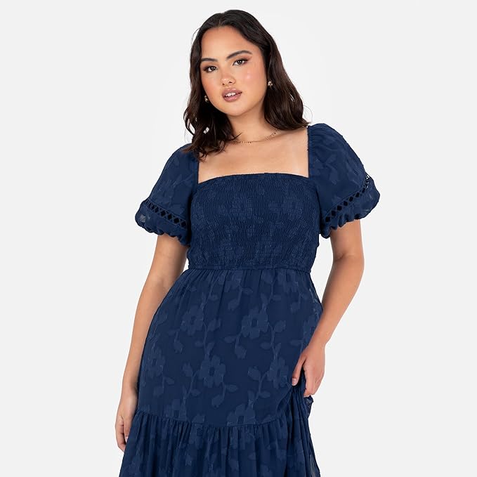 Lovedrobe Women's Maxi Dress Ladies Square Neckline Puff Sleeve Tiered Hem Floral Chiffon Shirred A-line Tie Back Milkmaid, Navy Blue 10