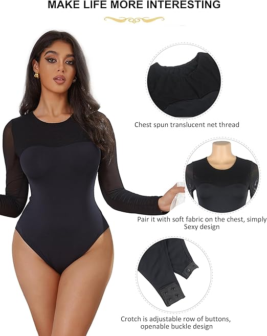 ohmydear Women's Bodysuits Long Sleeve Lace Mesh Black Bodysuit for Women Plus Size Crew Neck Leotard Top Stretch Sexy Ladies Body Suits, Black, 2XL