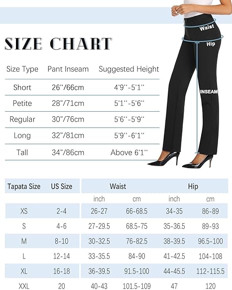Tapata Women's Stretchy Straight Dress Pants with Pockets Tall, Petite, Regular for Office Work Business, Black, XL / 34L