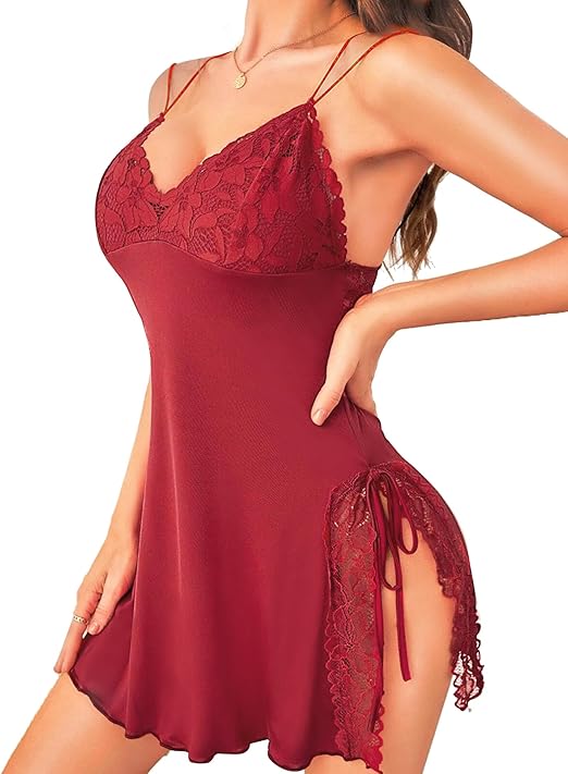 RSLOVE Lingerie for Women Sexy Babydoll Lace Nightdress Chemise Negligees Wine Red, L