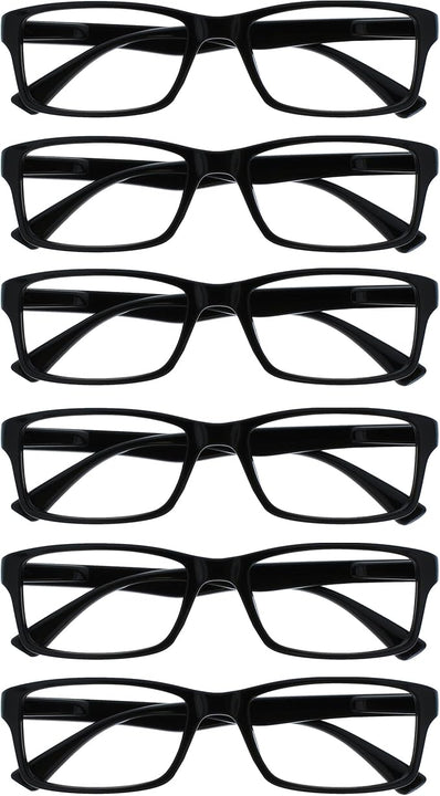 OPULIZE Pep Reading Glasses 6 Pack Classic Everyday Rectangular Frame Spring Hinges Scratch Resistant Black Mens Womens, +2.50