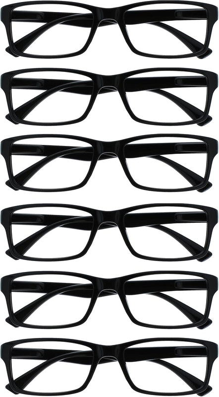 OPULIZE Pep Reading Glasses 6 Pack Classic Everyday Rectangular Frame Spring Hinges Scratch Resistant Black Mens Womens, +2.50