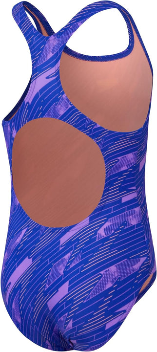 Speedo Junior Girl's Hyperboom Allover Medalist One Piece Swimsuit | Chlorine Resistant | Quick Drying, True Cobalt/Sweet Purple/Disco Peach, 11-12 Years