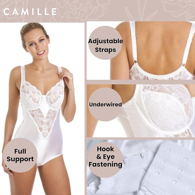Camille Womens Ladies White Underwired Non Padded Floral Lace Shapewear Body 36B