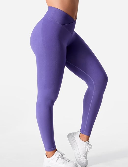 YEOREO V Waist Sport Leggings for Women - Scrunch Bum Gym V Cross High Waist Yoga Pants - Seamless Workout Leggings - Purple Medium