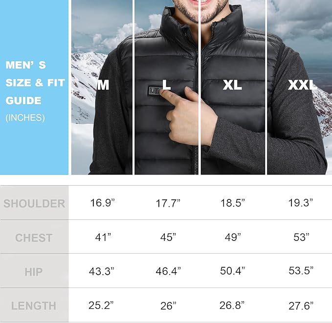 Loowoko Heated Gilet for Men,Heated Vest with 10000mAh Battery Pack,Lightweight Thermal Body Warmer, Slim Fit Electric Rechargeable Heated Jacket for Camping, Motorcycle, Skiing, Hunting L Black