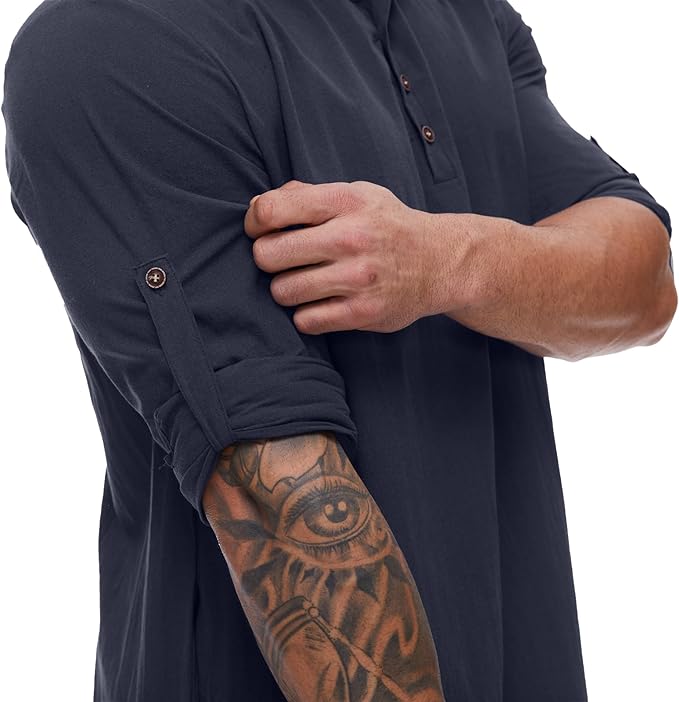 YAOHUOLE Mens Kaftan Robe Abaya Caftan Long Sleeve Moroccan Thobe Causal Butto Down Long Gown Henly Neck Dark Blue L