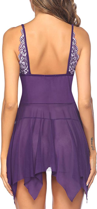 Avidlove Women Lace Lingerie Front Closure Babydoll V Neck Nightwear Sexy Chemise Nightie, Rose Viole, Large