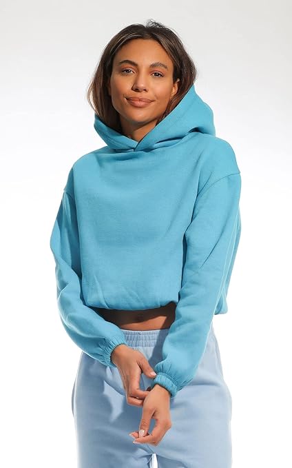 Light & Shade Women's Lslswt021 Women's Cropped Top Hooded Sweatshirt, Teal, L UK
