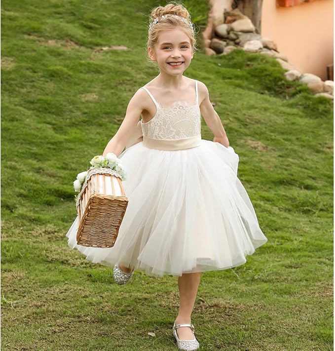 Aibaowedding Flower Girl Sleeveless Lace Dress Tulle Princess Bow Wedding Party Dress Junior Bridesmaid Dresses, champagne, 6-7 Years