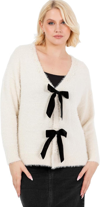 Lovedrobe Women's Cardigan Ladies Long Sleeve Pearl Embellished Velvet Bow Knitwear Smart Casual Office Wear Popper Buttons, Cream 12-14