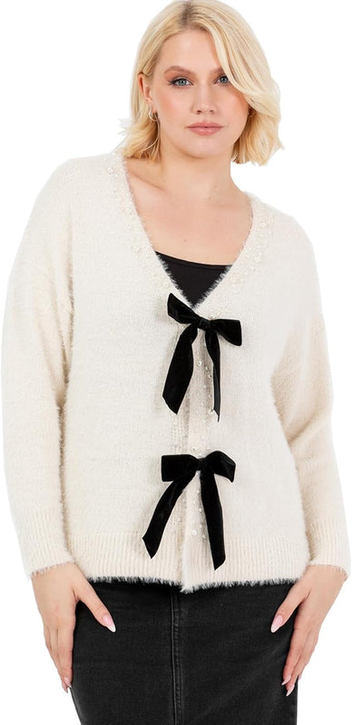 Lovedrobe Women's Cardigan Ladies Long Sleeve Pearl Embellished Velvet Bow Knitwear Smart Casual Office Wear Popper Buttons, Cream 12-14