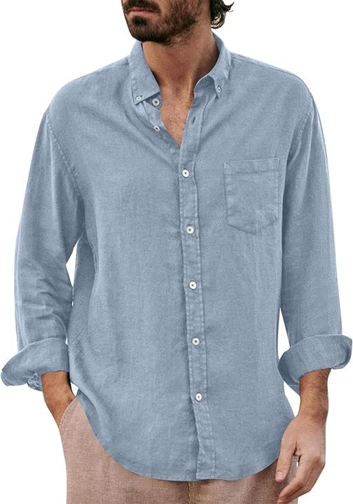 Halfword Men's Cotton Linen Shirts Long Sleeve Shirt Casual Top Button Down Beach Shirt Loose Fit, Light Blue, M