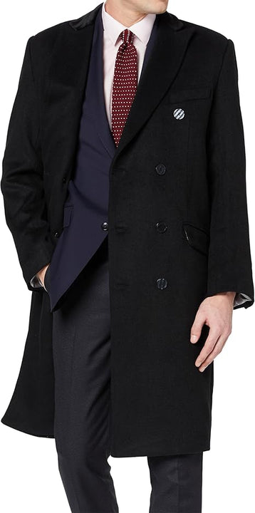 The Platinum Tailor Mens Overcoat Wool & Cashmere Greatcoat Long Double Breasted Heavy Warm Winter Coat (UK, Numeric, 42, Regular, Regular, Black-Short)