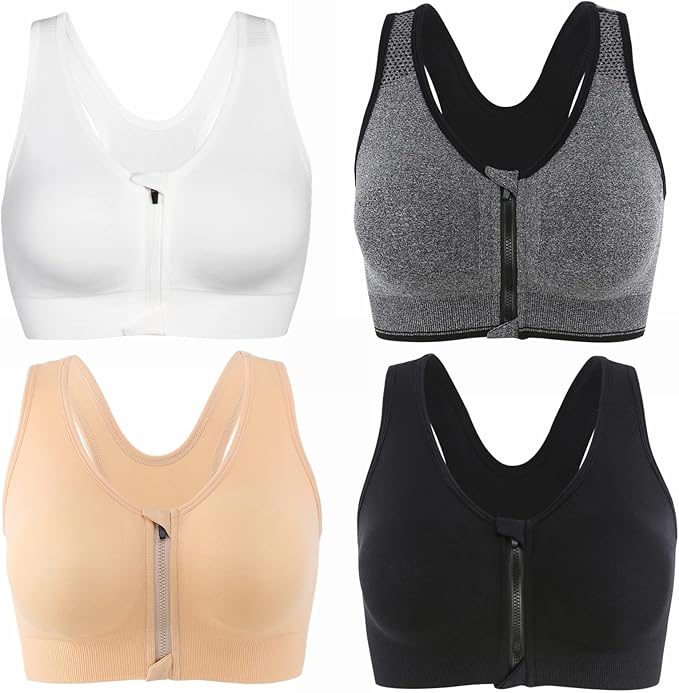 CLOUSPO Sports Bra Post Surgery Bra Zip Front Wireless with Removable Pads Yoga Bra for Workout Fitness(XXL,Black+White+Grey+Beige)