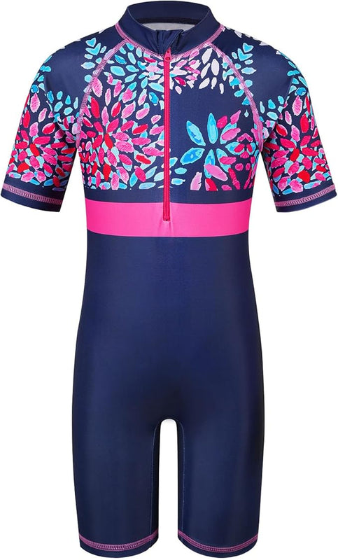 HUAANIUE Long Swimsuit Girls Swimming 1pcs Swimwear UPF 50+ UV Sunsuit with Zipper 4-12Y Summer Swimming Sportswear(DaisyNavy,12A)
