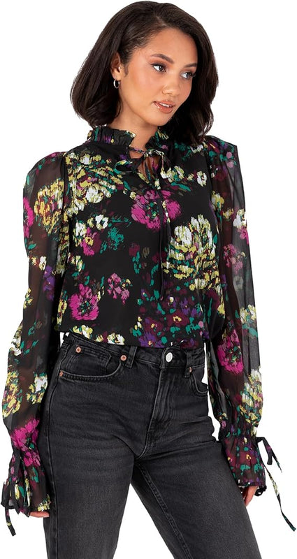 Lovedrobe Women's Tie-Neck Blouse Ladies Smart-Casual Top Long Sleeve Ruffle Cuffs Floral Print Keyhole Bow Tie Detail Office Wear, Multi, 18