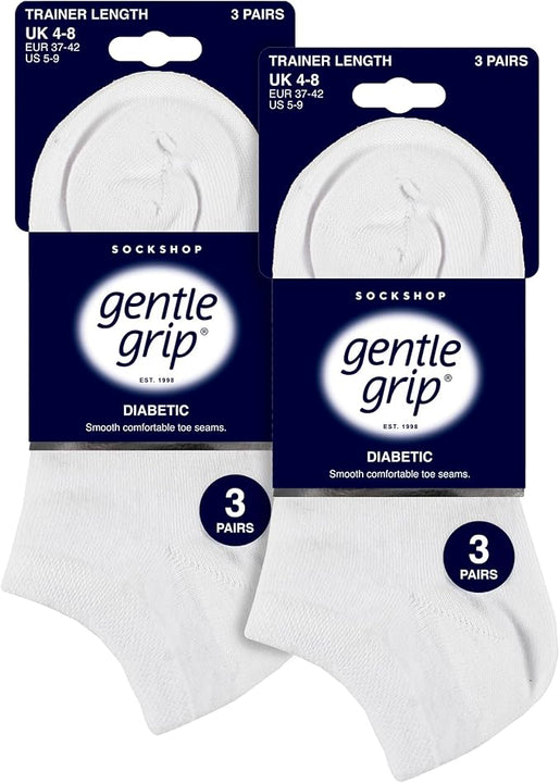 Gentle Grip - 6 Pairs Diabetic Trainer Socks for Women | Non Elastic Soft Top Extra Wide Ankle Socks (4-8, White)