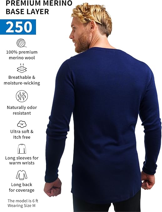 Merino.tech Merino Wool Base Layer Men - 100% Merino Wool Long Sleeve Thermal Shirts Midweight (S, 250 Navy)