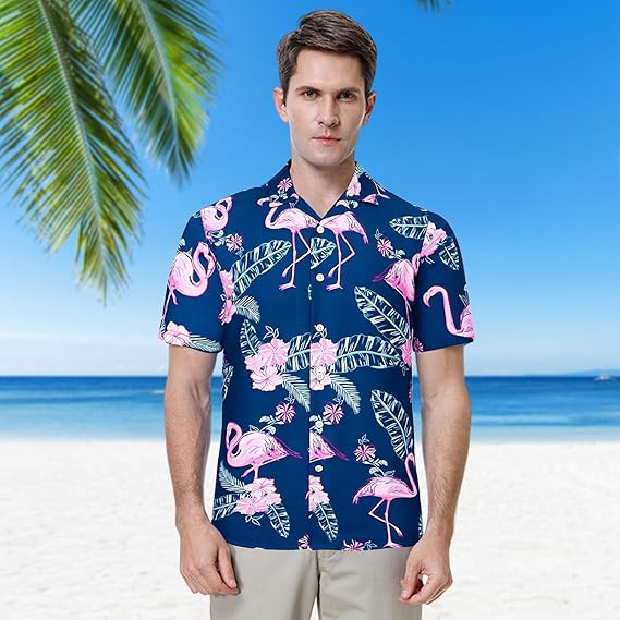 Blisscok Hawaii Men's Shirt with Hawaiian Shirt Flamingo Floral Wrinkle Free for Beach Party Pack of 2 Shorts and Shirt
