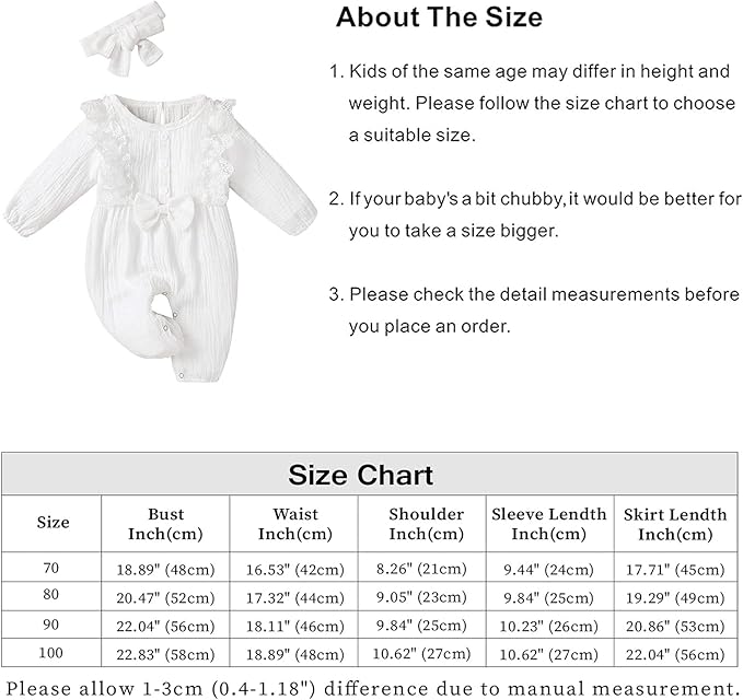 Edjude Romper for Newborn Baby Girl Clothes Ruffle Long Sleeve Floral Jumpsuit Bodysuit Baby Girls Onesies with Headband Size 6-9 Months, White
