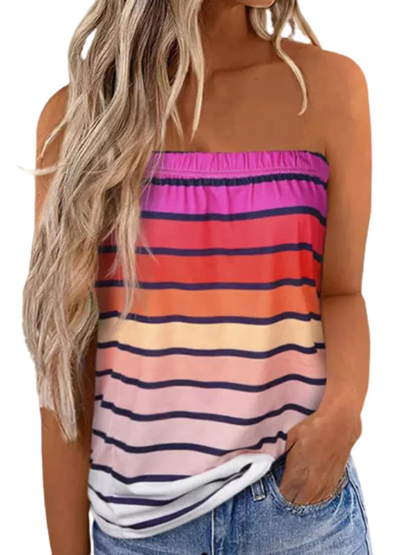 Women Sexy Off-Shoulder Vest Tops Fashion Stripes Tube Sleeveless Loose Tops Summer Casual Basic Tank Tops (A-Multi-Color Stripes, S)
