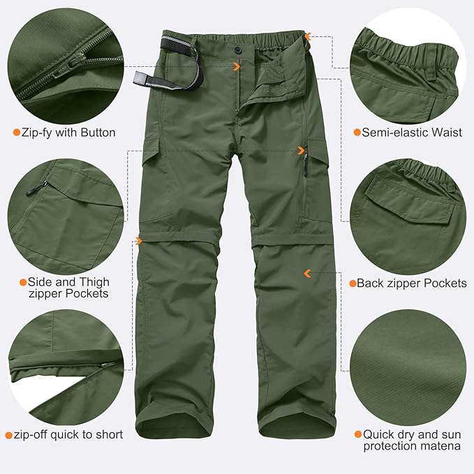 Jessie Kidden Hiking Walking Trousers Men,Quick Dry Convertible Lightweight Breathable Waterproof Outdoor Fishing Work Zip Off Cargo Pants #6088-Army green-34