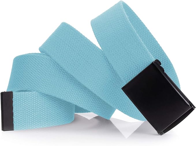 Cut To Fit Canvas Web Belt Size Up to 52" with Flip-Top Solid Black Military Buckle (Sky Blue)