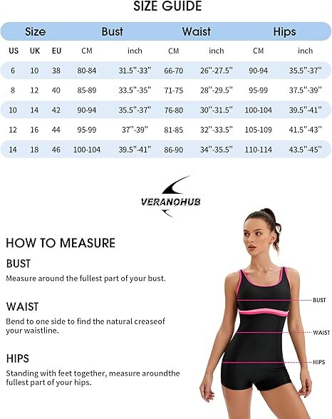 Veranohub Women's Boyleg One Piece Swimsuit Athletic Lap Bathing Suits Conservative Cut(Black/Light Pink,UK16)