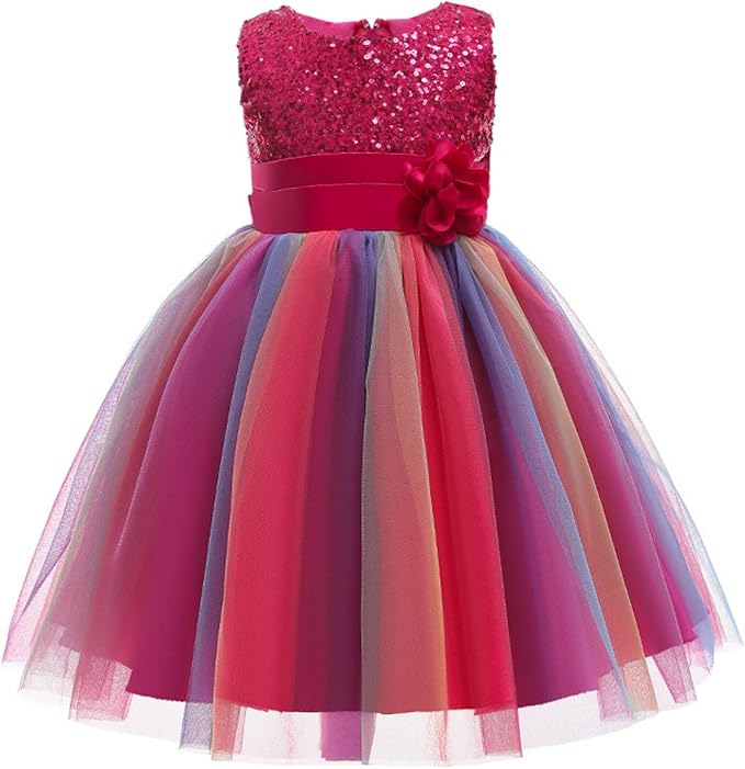 M MUNCASO Girls Princess Dress Sequin Tulle Flower Rainbow Round Collar Sleeveless Formal Dress Birthday Party Wedding Bridesmaid Girl Evening Dresses Toddler Baby Age for 5-6 Years(Rose Red)
