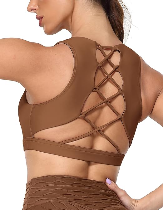 icyzone Strappy Sports Bra for Women - Gym Workout Yoga Bra with Removable Cups (L, Brown)