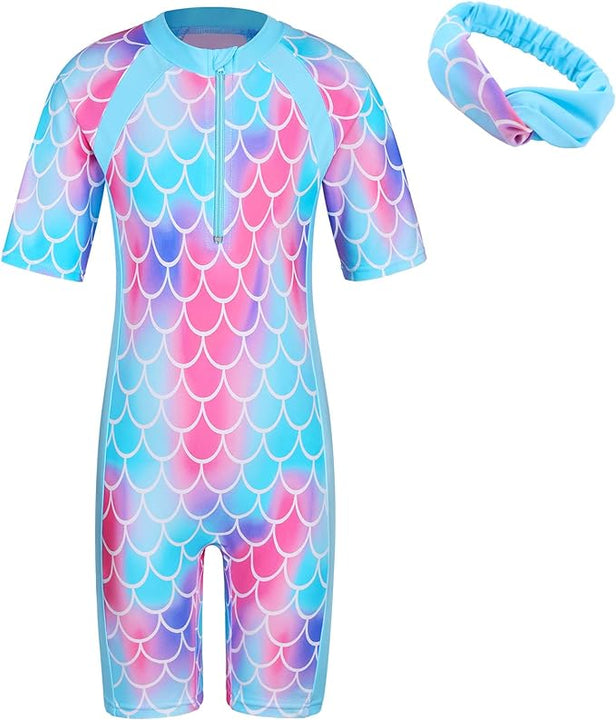 ZNYUNE Girls UV Sun Protection Swimsuit One Piece Long Sleeve UPF 50+ Sunsafe Swimwear Kids Swimming Costume with Zipper 4-12 Years S419 ScaleBlue 12A