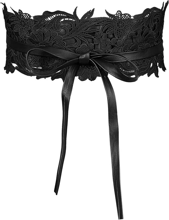 Allegra K Womens Lace Wide Waist Belt Wrap Around Obi Croset Belts Bowknot, Black, 64-106cm/25.20-41.73"