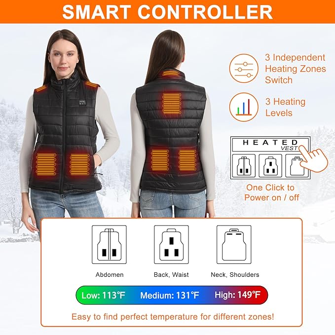 Amiable Heated Vest for Women, Heated Gilet Womens with Battery, Heated Jacket Electric Heated Body Warmer for Women, 8 Heating Zone 3 Heating Setting Heated Clothing for Outdoor Skiing - XL