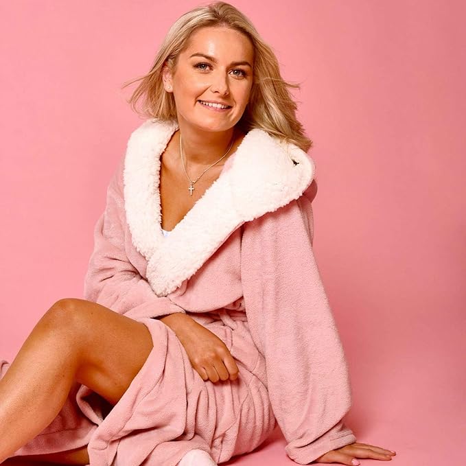 Sienna Hooded Dressing Gowns for Women UK Super Soft Flannel Fleece Sherpa Lined Fluffy Mens Luxurious Comfy Cosy Bathrobe - Blush Pink